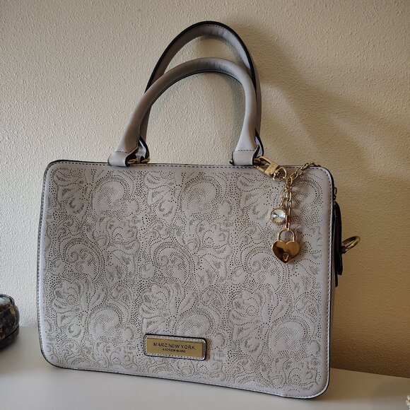 Andrew Marc New York Grey Perforated Tooled Paisley Floral Handbag Shoulder Bag - Picture 1 of 12